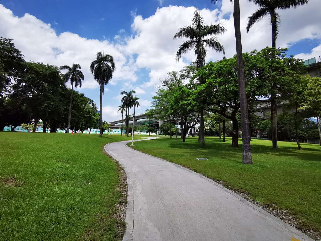 进入园区 蜿蜒的园路两旁是一大片广阔平整的草坪区