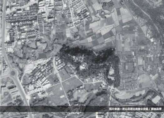 1974年航照圖中的芝山岩遺址及周邊圖像(照片來源：芝山岩遺址與臺北史前，劉益昌著)