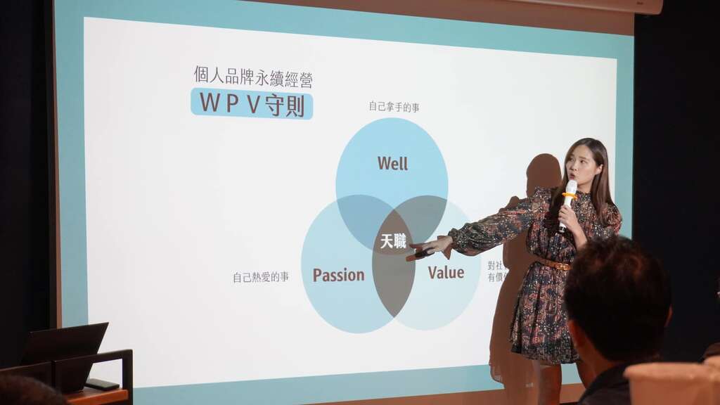 凯伦在各大校园与企业演讲分享「WPV」理论，鼓励创业者找出专业与竞争力。（摄影／林轩朗）