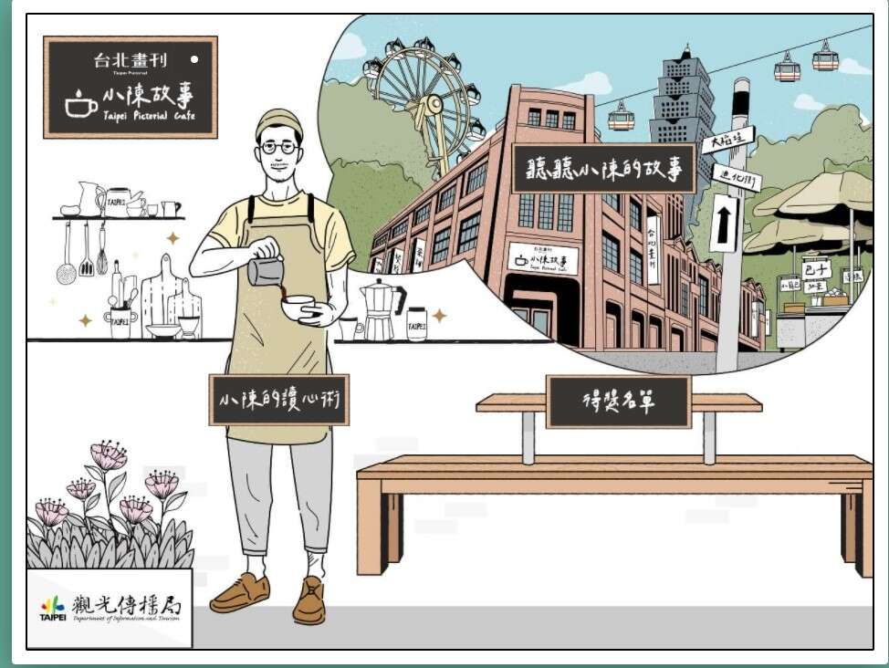 《台北画刊》推出快闪品牌官网-「台北小陈故事咖啡馆」，民众可点选并与店长小陈互动，了解如何透过《台北画刊》按图索骥，探索台北市。
