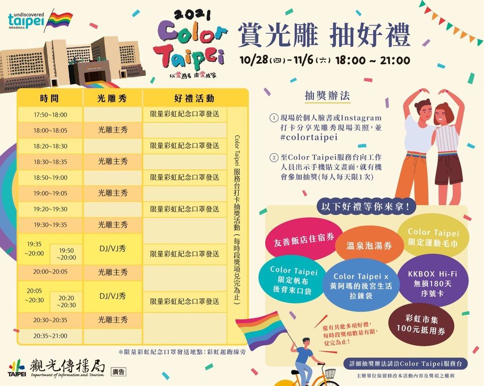 观传局特别於光雕秀期间在市府前广场规划彩虹市集并办理打卡抽大奖活动，以及发送排队限量好礼