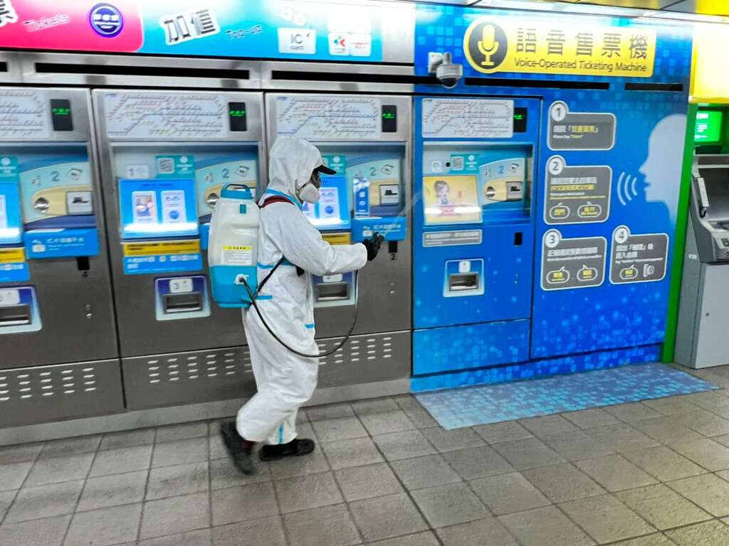 Disinfection being carried out at a local MRT station