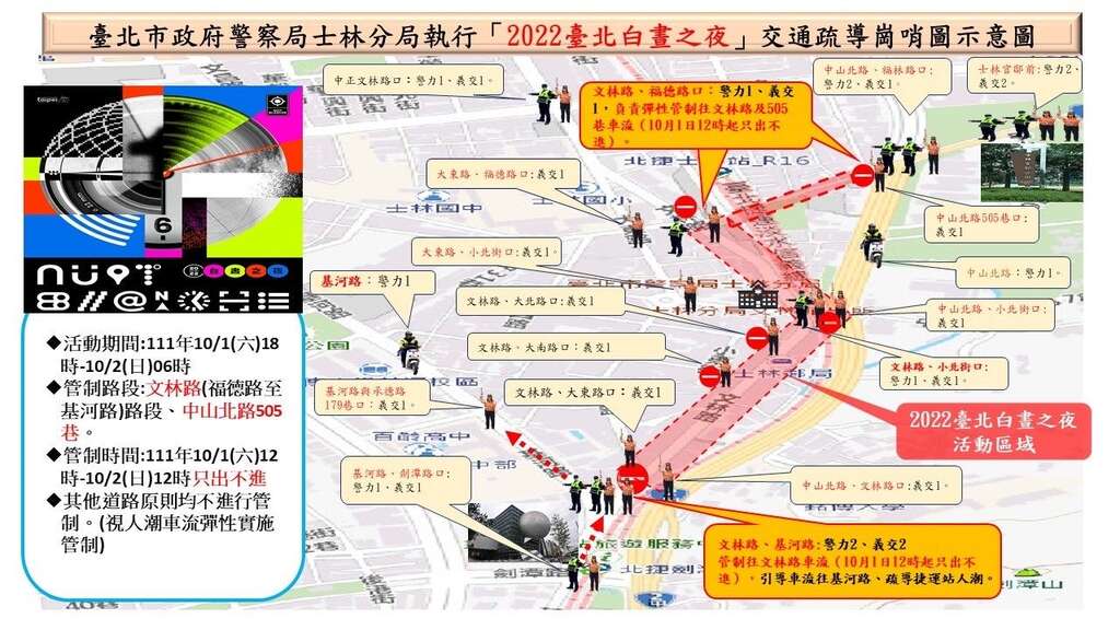 2022白昼之夜交通疏导岗哨示意图(图片来源：台北市政府警察局士林分局)