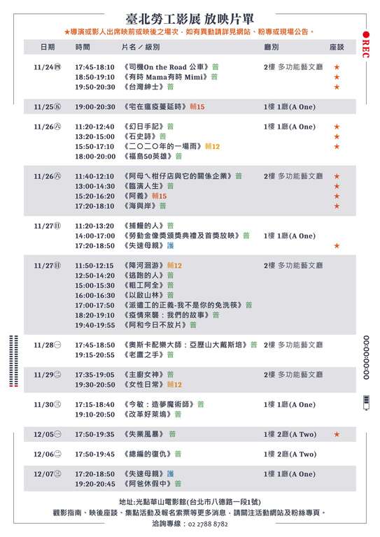 2022臺北勞工影展放映片單一覽表。(圖片來源：臺北市政府勞動局)