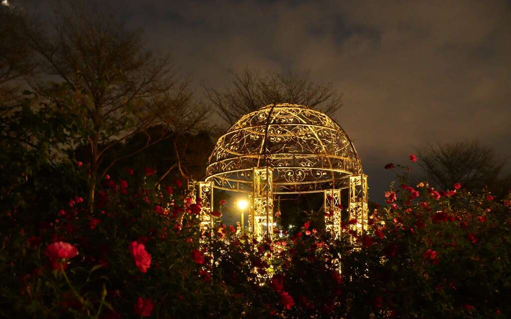 台北玫瑰园内的光之圆顶，夜晚闪着光芒。(Daidai Chang摄影) (图片来源：台北市政府工务局公园路灯工程管理处)