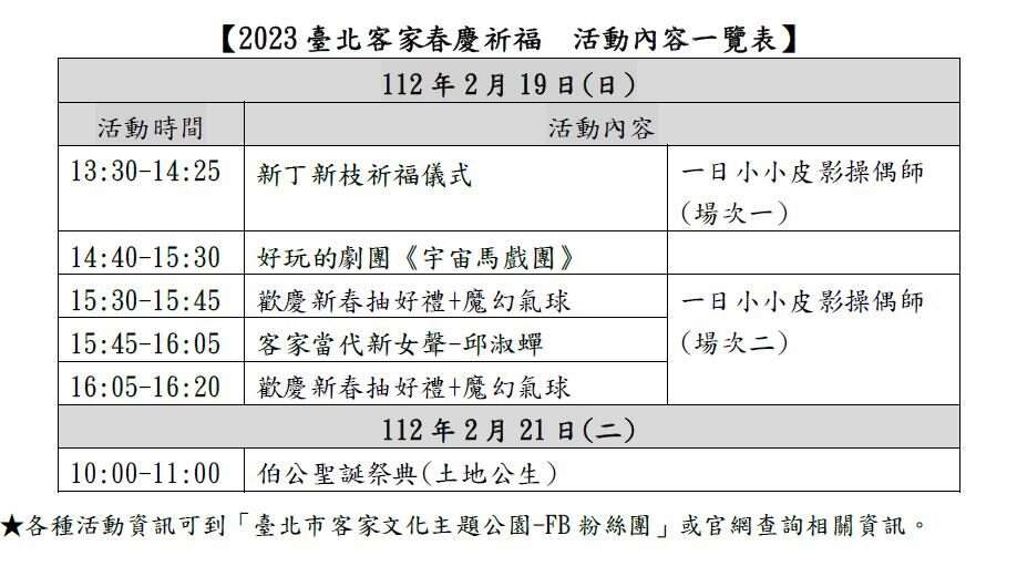 2023台北客家春庆祈福活动内容一览表(图片来源：台北市政府客家事务委员会)