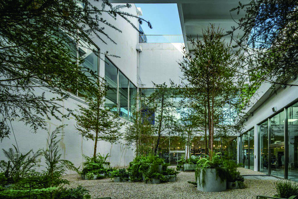 台北市立美术馆地下二楼的「迷雾花园」（左）以及「不只是图书馆」（右）的庭园，皆是由大自然获得灵感而生的庭园造景。（图／吴书原）