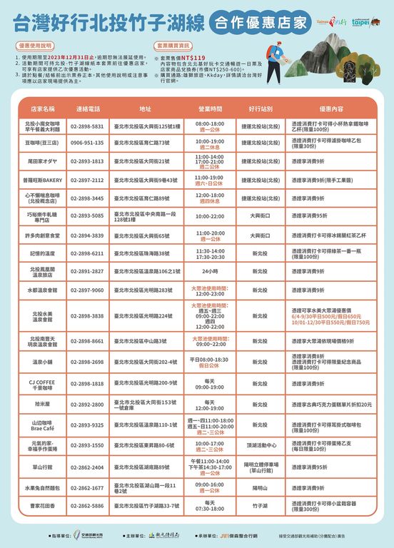 凭今年台湾好行~北投-竹子湖线套票还可享超过15家沿线店家优惠！