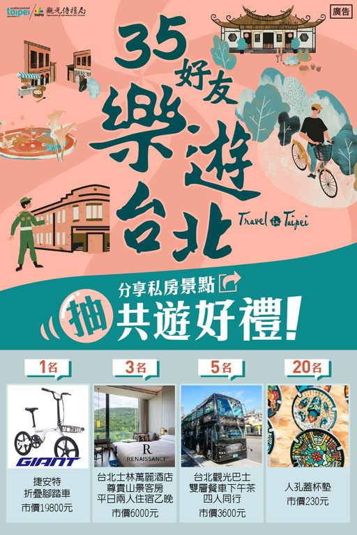 「35好友！樂遊臺北！」抽獎活動開跑，抽獎品項豐富(圖片來源：臺北市政府觀光傳播局)