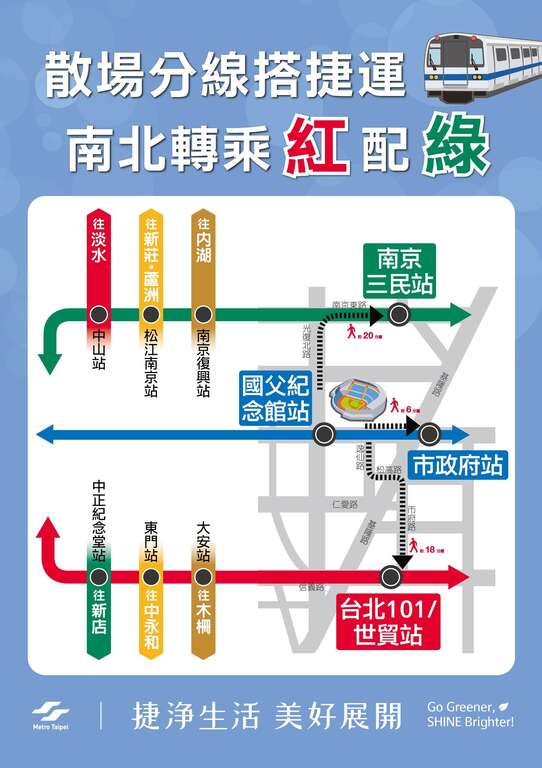 散场分线搭捷运南北转乘红配绿(图片来源：台北大众捷运股份有限公司)