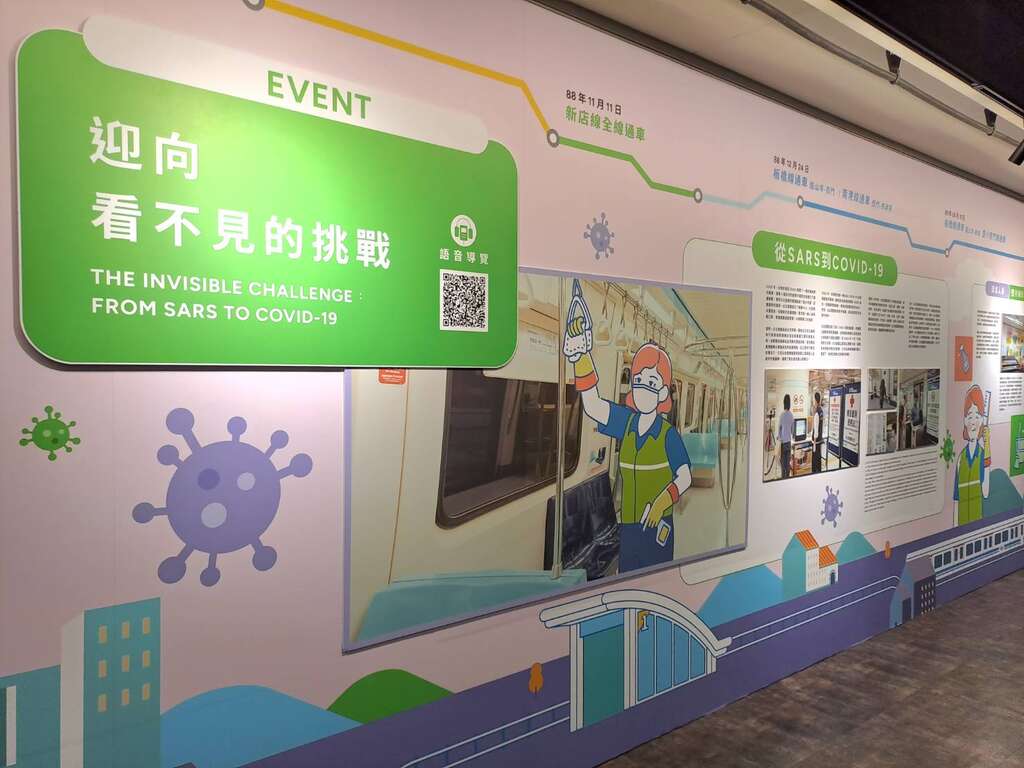 展览区特别设置 QR code，透过手机扫描，即可使用中文、英文语音系统服务，任何时刻连结至专属云端下载语音档案，获得最即时的导览体验。(图片来源：台北大众捷运股份有限公司)