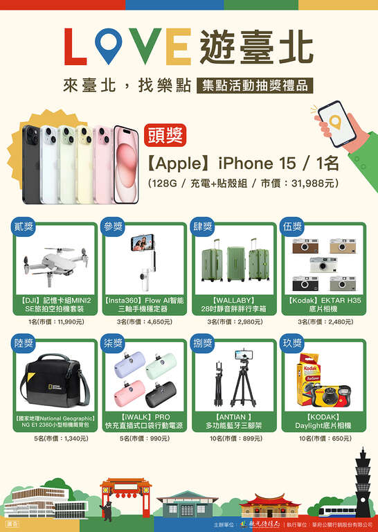 「Love 遊臺北　來臺北，找樂點」集點活動抽獎禮品(圖片來源：臺北市政府觀光傳播局)