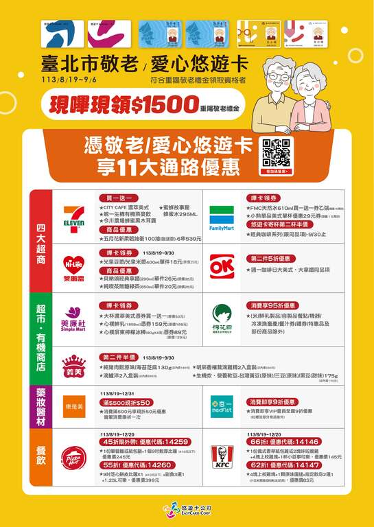 凭敬老卡及爱心卡享有十一大通路加码优惠(图片来源：台北市政府社会局)