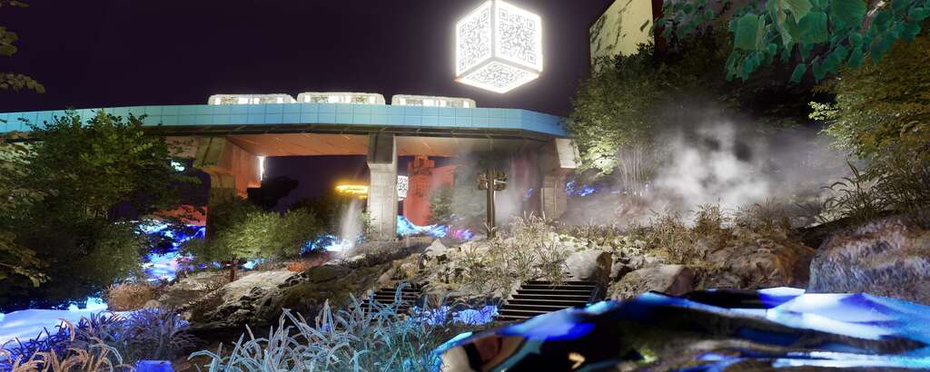 【視覺藝術】貳進- Data Verse Taipei 夜間森林 建構出結合臺北街景與大安森公園的虛擬地景，即時資訊流竄其中，透過數位轉譯成各種3D物件與符碼，觀眾透過掃描QR code與作品即時互動。(圖片來源：臺北市政府文化局)