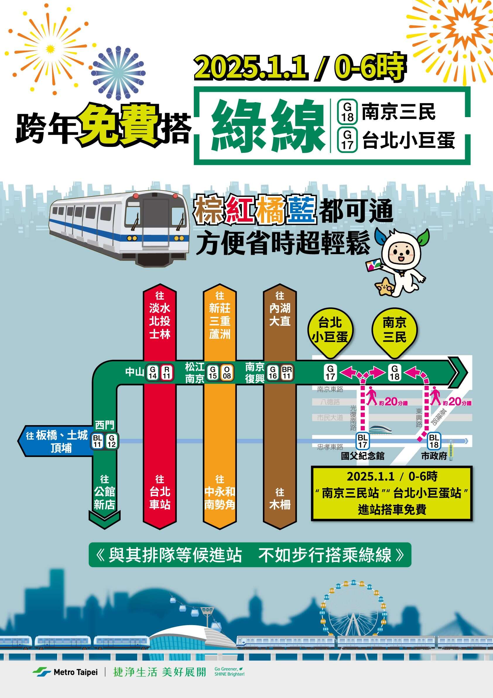 跨年搭绿线-棕红橘蓝都可通，方便省时超轻松(图片来源：台北大众捷运股份有限公司)