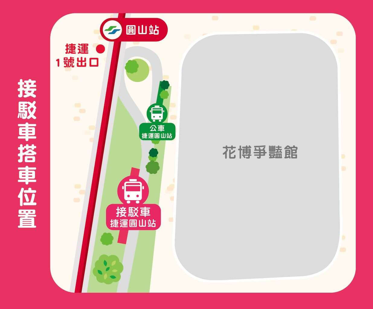 玫瑰展周六、日接駁車乘車位置。(圖片來源：臺北市政府工務局公園路燈工程管理處)