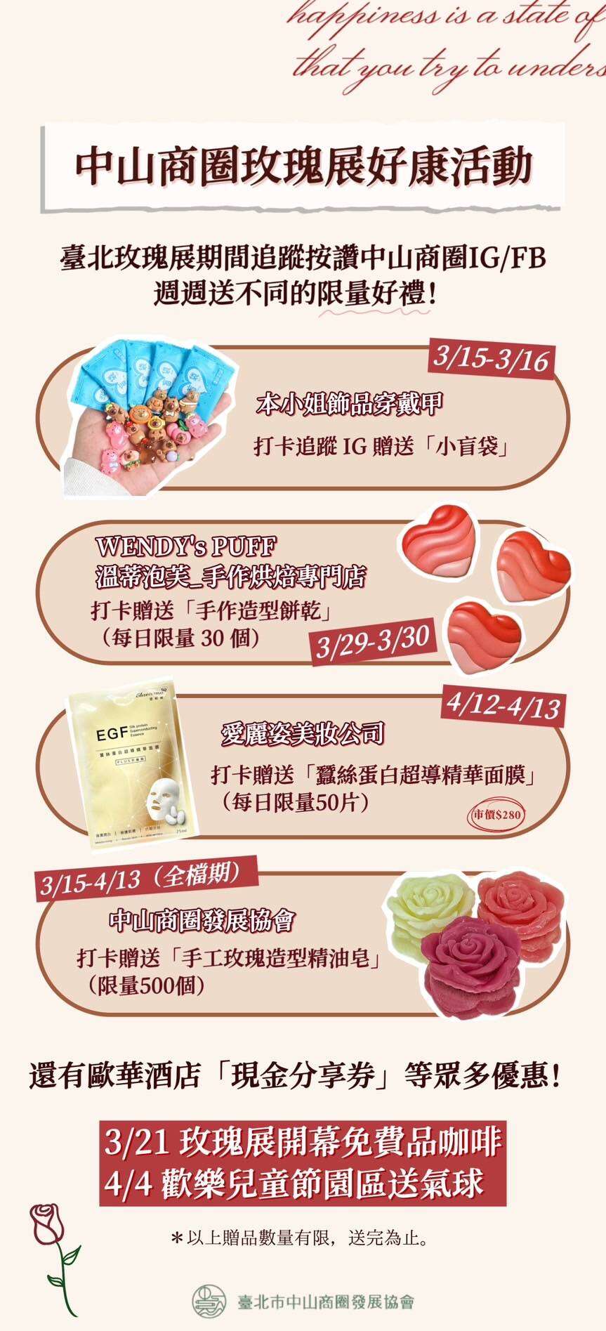 玫瑰展假日市集於中山商圈攤位每周商家送折扣優惠或打卡禮。(圖片來源：臺北市政府工務局公園路燈工程管理處)