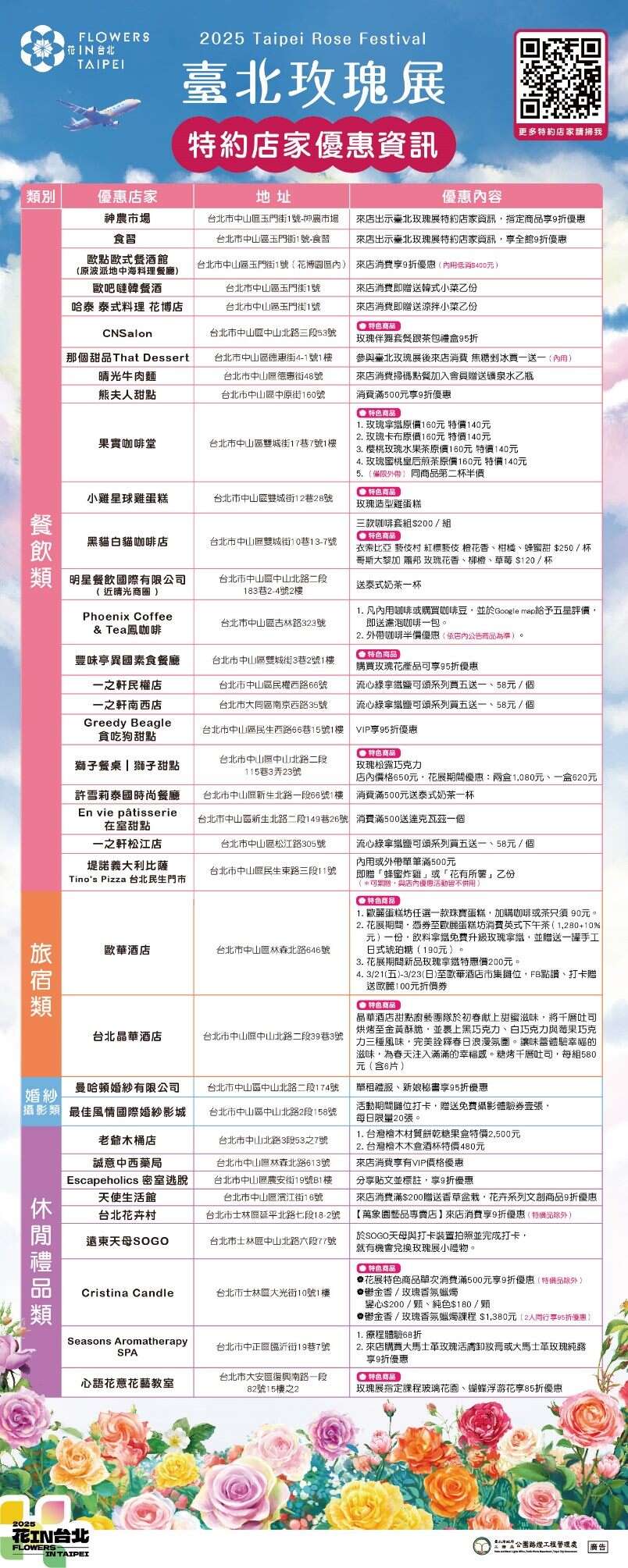2025臺北玫瑰展36間特約店家祭出超值優惠，等你來享用！(圖片來源：臺北市政府工務局公園路燈工程管理處)