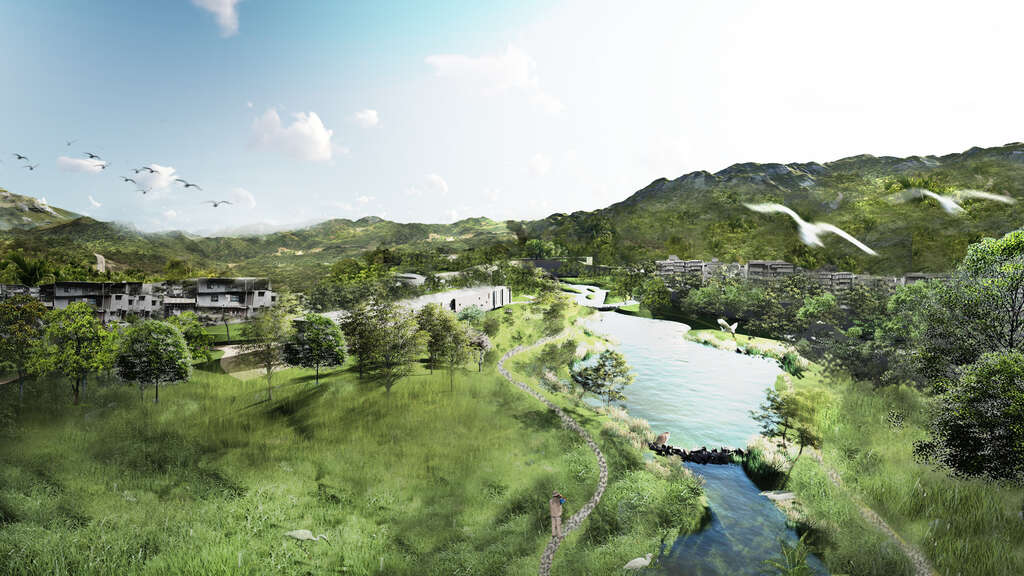 模拟示意图-坡地植栽与开放水域段