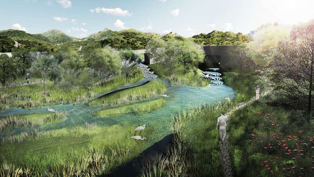模擬示意圖-溪溝段植栽與水岸棲地