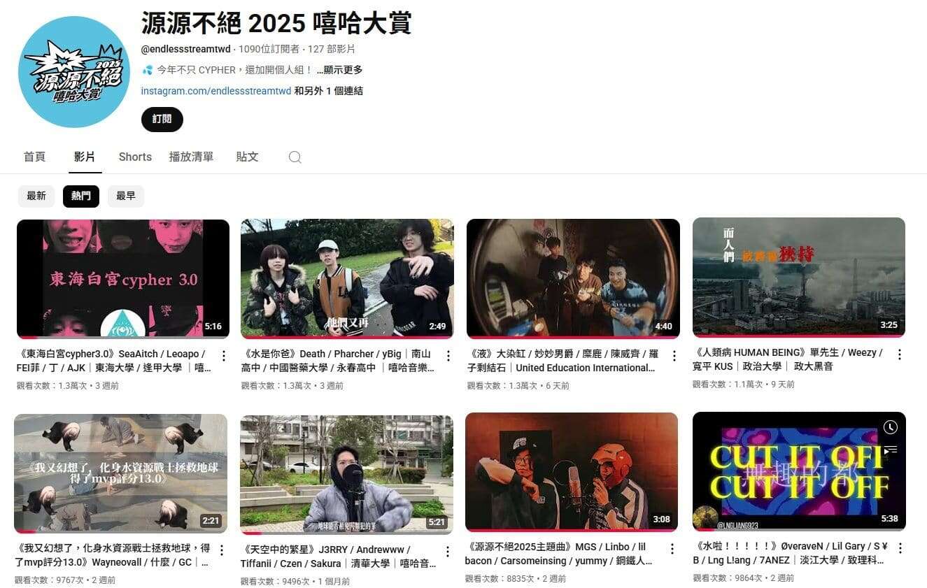 2025嘻哈大赏官方YouTube平台集结80组学生音乐作品，短时间累计22万次观看数。(图片来源：台北自来水事业处)