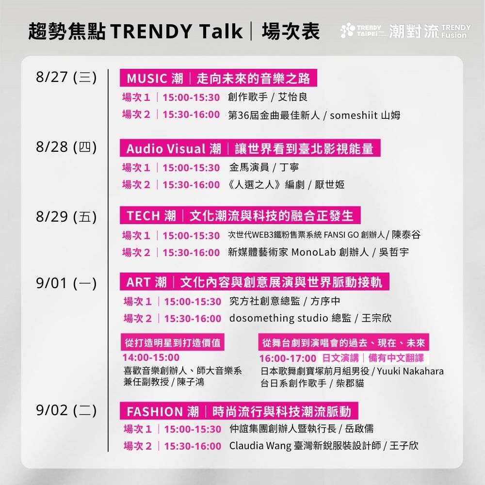 「潮对流 | 趋势焦点TRENDY Talk」场次表(图片来源：台北市政府文化局)