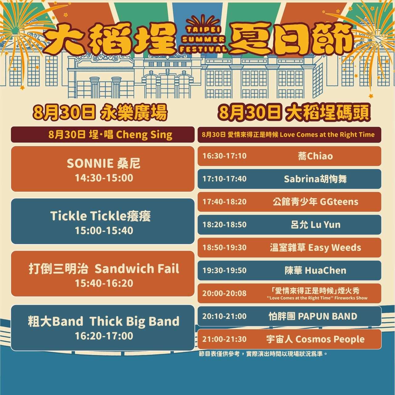 8/30音乐展演串联迪化街永乐广场与大稻埕码头两大音乐现场，带来全日不间断的音乐飨宴(图片来源：台北市政府观光传播局)