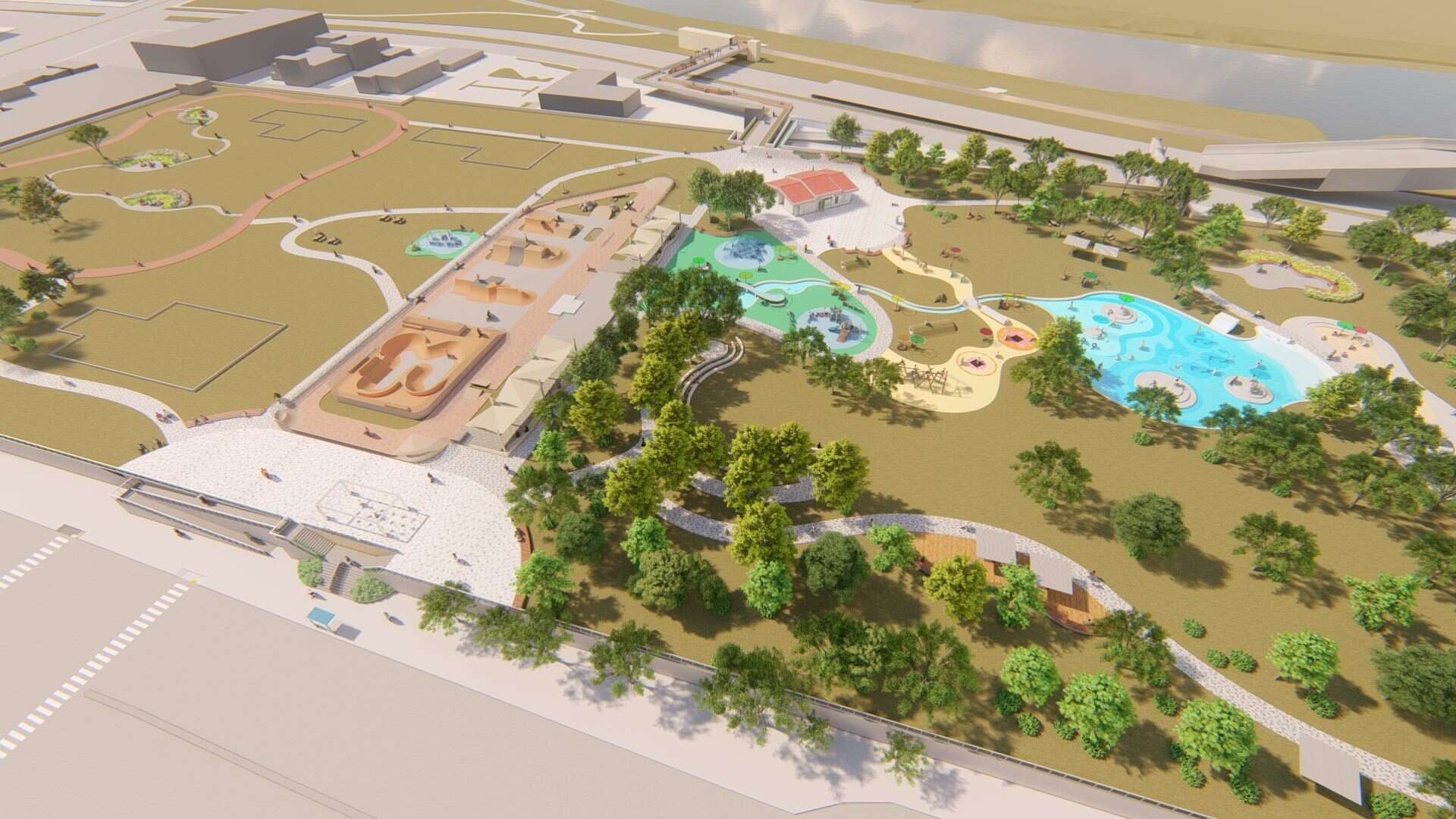 內湖休閒運動公園於114年10月3日重新對外開放,設有極限運動場、共融式遊具、戲水池、沙坑及體健設施等多元空間(圖片來源：臺北市政府工務局衛生下水道工程處)