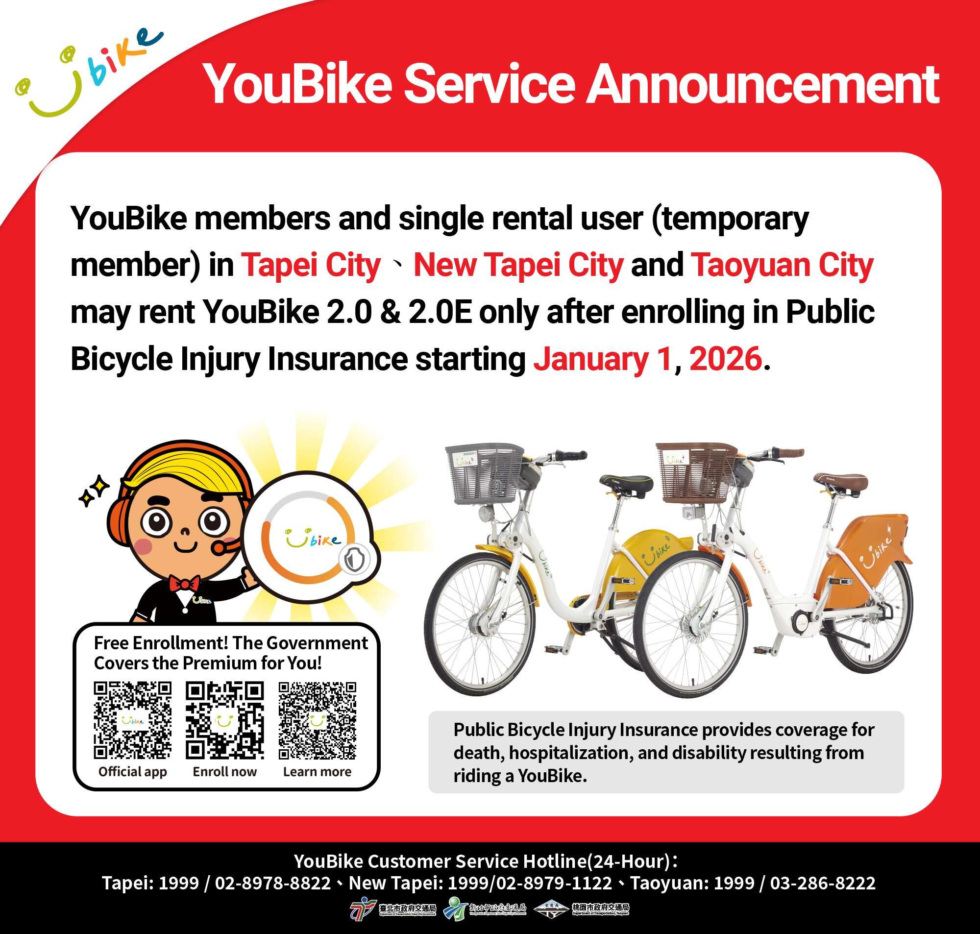 Taipei City Government Department of Transportation is conducting a public awareness campaign on the policy of requiring insurance enrollment to rent YouBike under the citywide implementation.