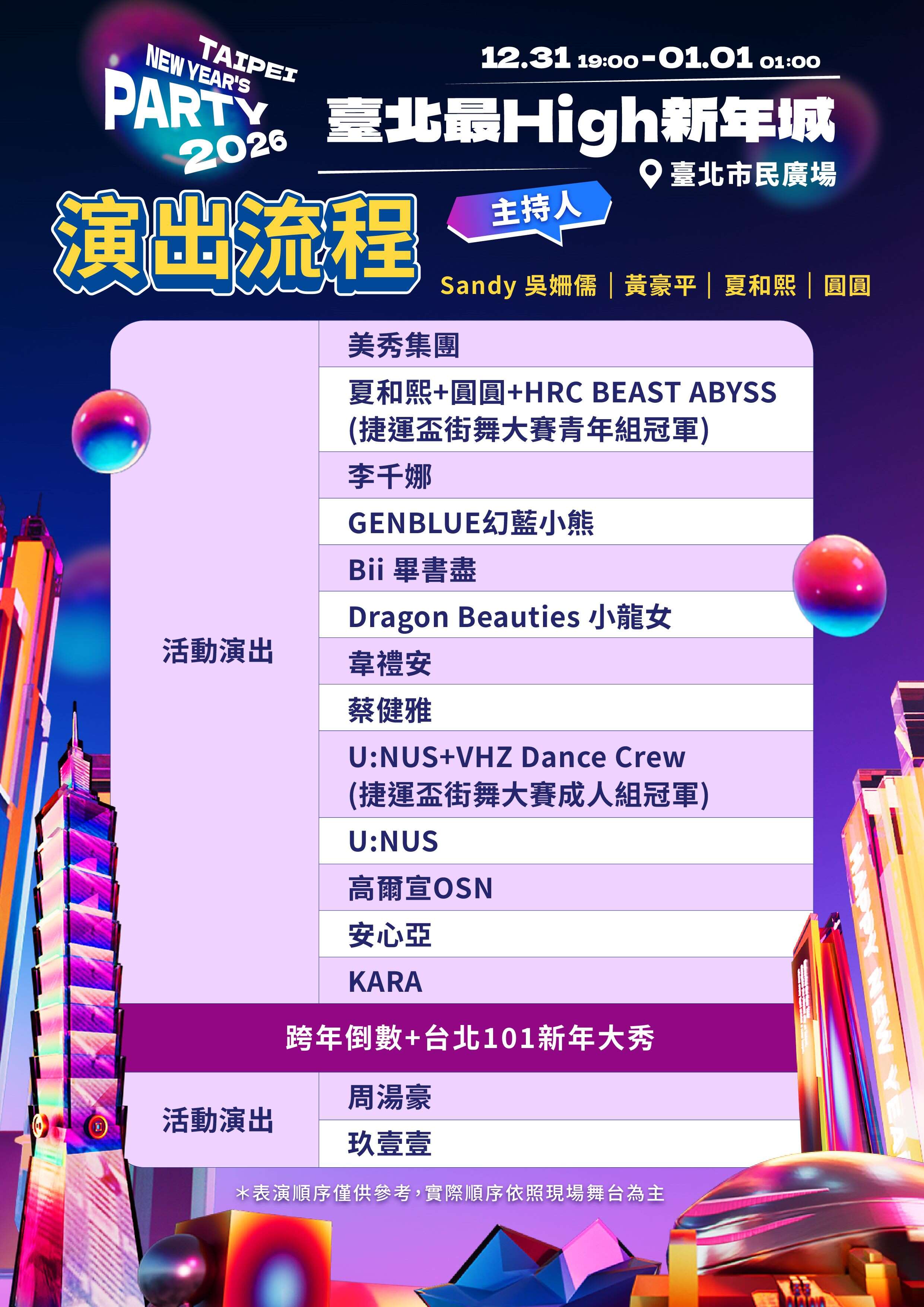 臺北最High新年城-2026跨年晚會卡司（圖片來源：臺北市政府觀光傳播局）