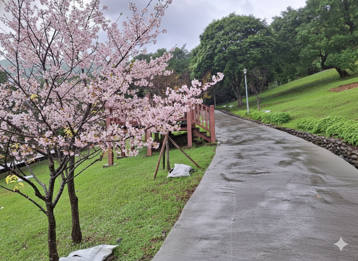 嗄嘮別公園以櫻花植栽為主要景觀特色，呈現粉紅嗄嘮別的春季柔和細緻的花景樣貌。 嗄嘮別公園櫻花景觀 AI 示意圖（圖片來源：臺北市政府工務局公園路燈工程管理處）