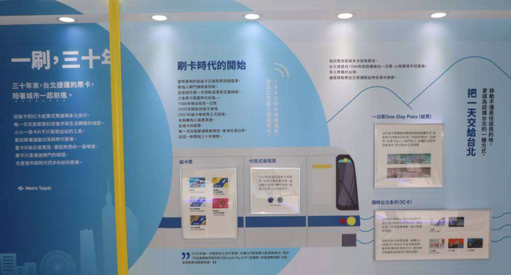 台北捷运票证演进展示墙全景（图片来源：台北大众捷运股份有限公司）