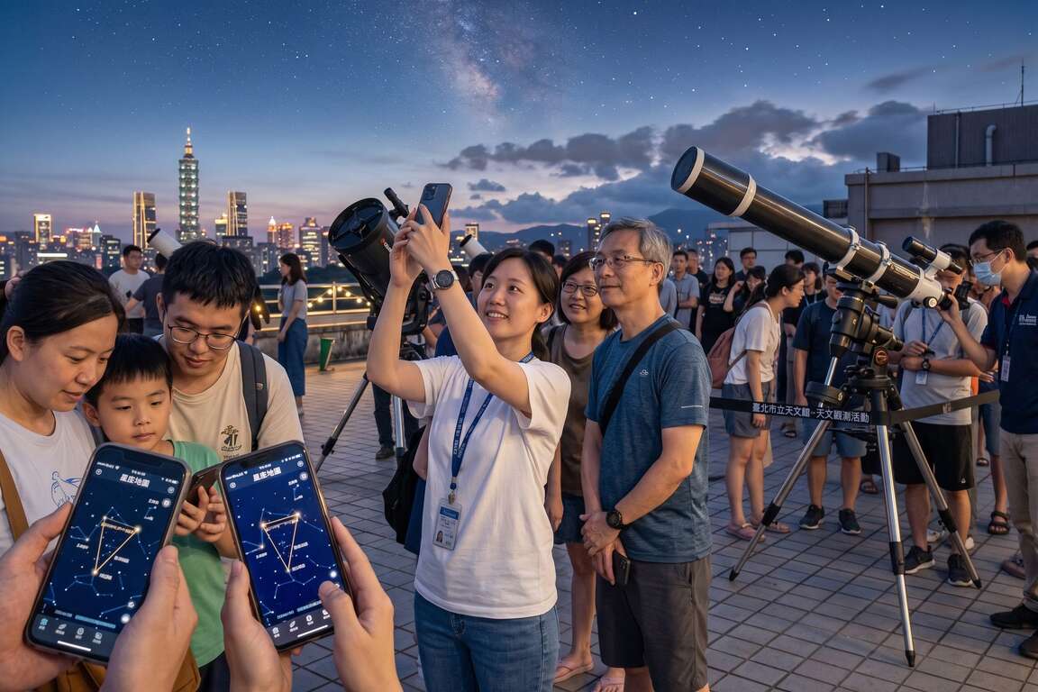 天文館「夏夜觀星趣」活動教民眾使用手機搜尋夜空中的「夏季大三角」。(AI生成示意圖)（圖片來源：臺北市立天文科學教育館）