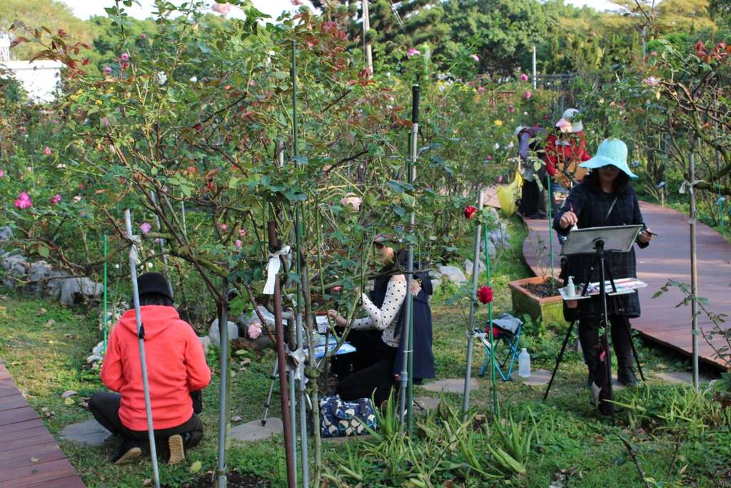 圖1、臺北玫瑰園園內一隅，民眾除賞花外還可在此寫生作畫。
