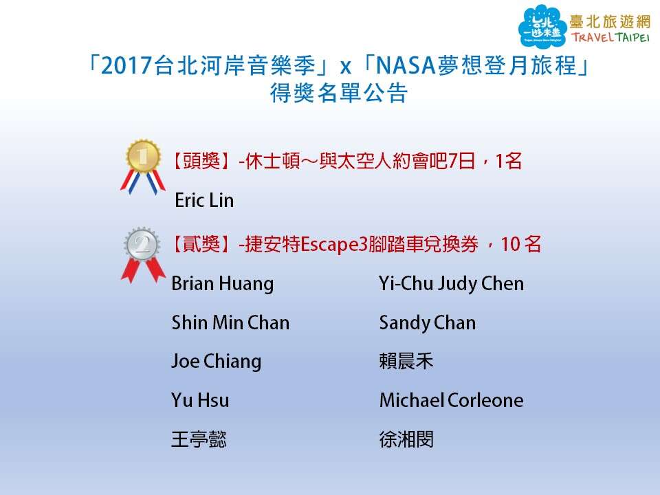「2017台北河岸音乐季」x「NASA梦想登月旅程」拍照留言活动-得奖名单公告