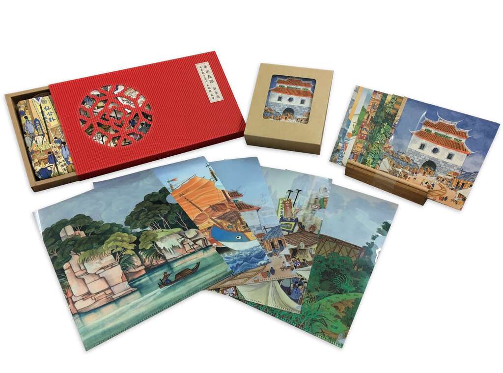 观传局针对「郭雪湖特展」推出多款纪念商品，具设计感的文件夹及2018桌历相当受欢迎。