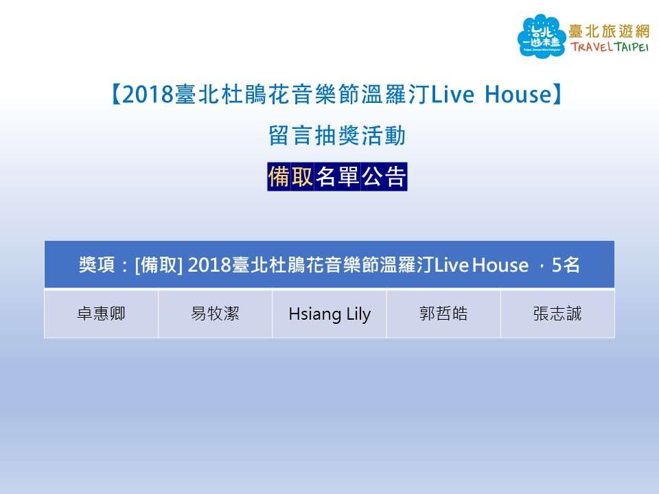 【2018台北杜鹃花音乐节温罗汀Live House】留言抽奖活动-得奖名单 公告